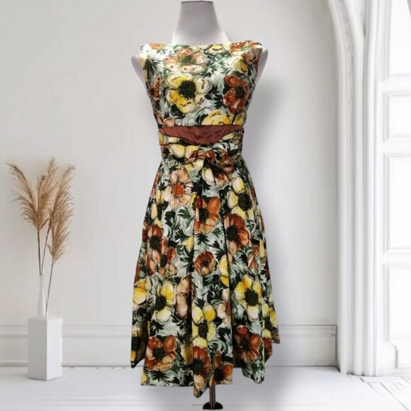 Vintage 50s Boat Neck Fit Flare Dress Size XS Yellow Brown Floral Print Sequin - Picture 2 of 16